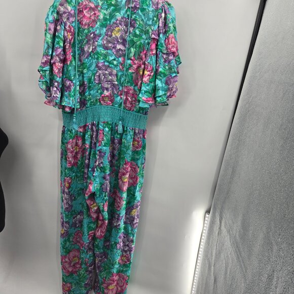 Vintage Diane Freis Green Tropical Rayon Silk Tassels 80s Jumpsuit XL (See Meas) - Picture 4 of 16